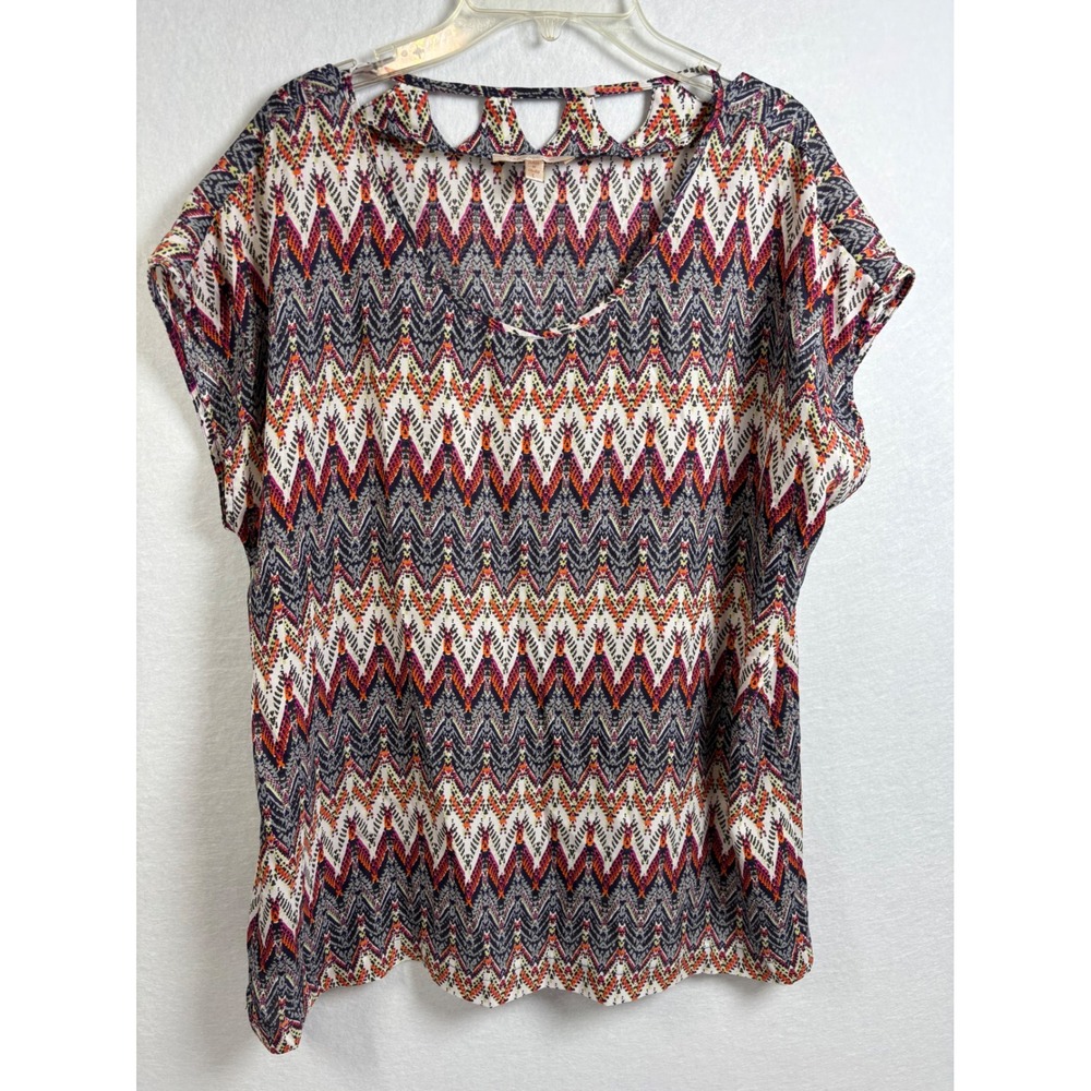 Skies Are Blue Blouse Womens L Multicolor Polyester Chevron Ikat Boho V-Neck Top